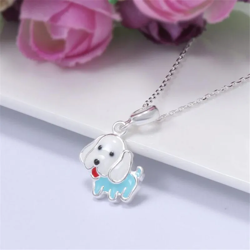 Cute Animal Real 925 Sterling Silver Necklace Fashion Blue Yellow Dog Choker Necklaces For Women Sterling-Silver-Jewelry H016 | Украшения и