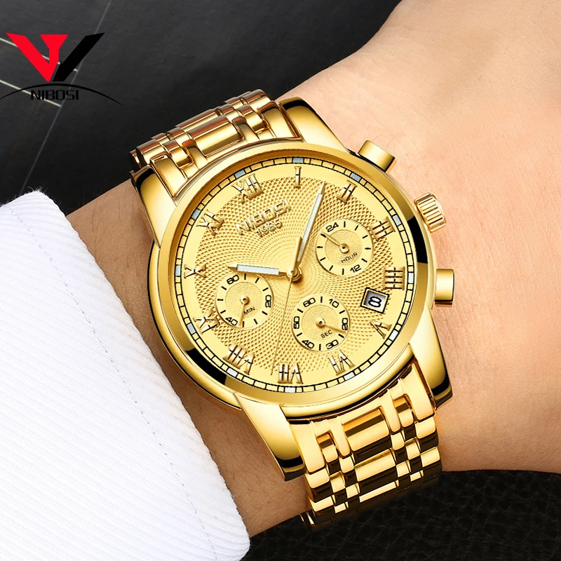 NIBOSI полностью золотые аналоговые кварцевые наручные часы Мужские Лидирующий