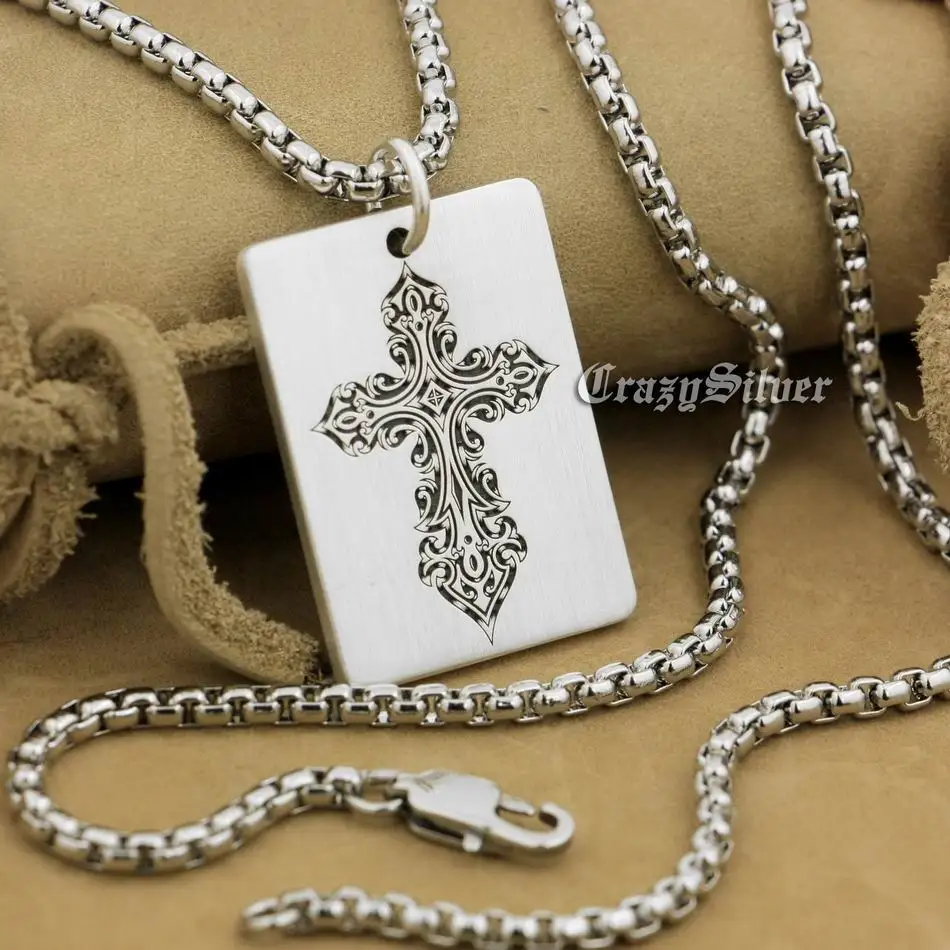 Высокая деталь глубокая гравировка 925 пробы серебряный крест собака тег мужские
