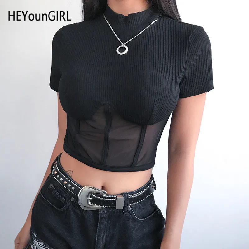 HEYounGIRL черная сетчатая женская футболка в стиле пэчворк Повседневная с коротким