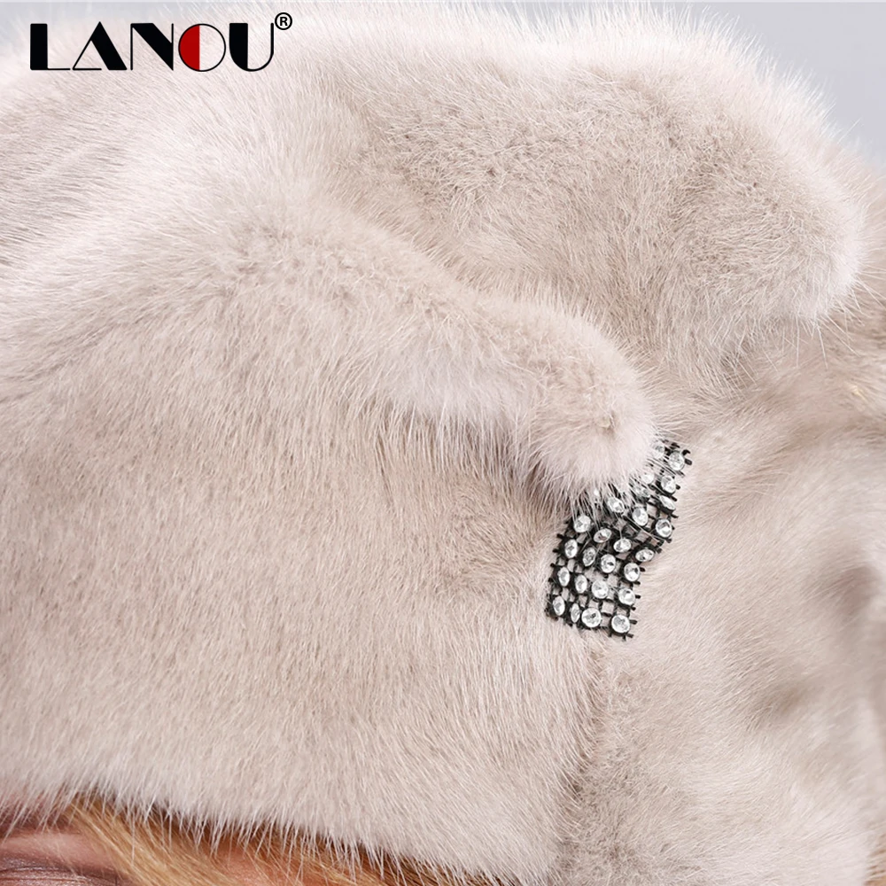 Для женщин зимние Шапки 100% натуральный норки Мех животных Шапка-бини с помпоном