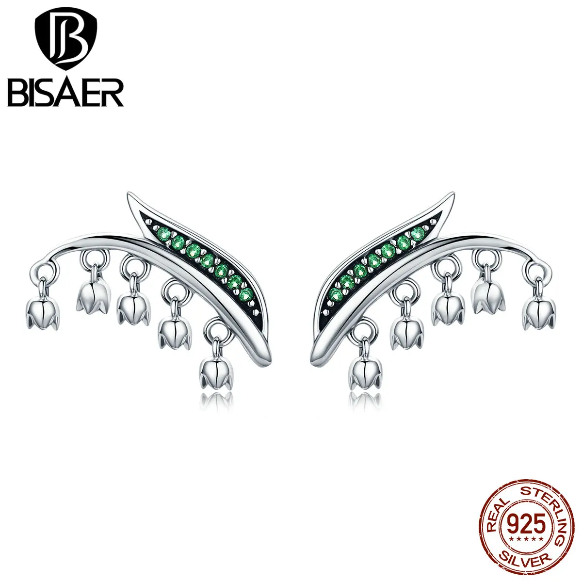 BISAER, Настоящее серебро 925 пробы, цветочные бутоны, висячие и листья дерева, серьги-гвоздики для женщин, хорошее серебряное ювелирное изделие, Brincos GXE298