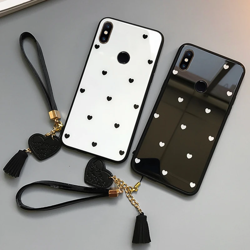 BONVAN Tempered Glass Case For Samsung Galaxy M30 M20 M10 love Heart Cover Tassel lanyard phone Fundas | Мобильные телефоны и