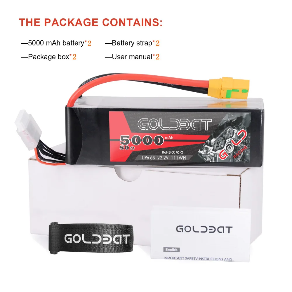 

2units GOLDBAT 6S 5000mAh LiPo Battery 22.2V LiPo Battery for RC car LiPo 5000mah 6S Heli lipo 50C with XT90 For Airplane Boat