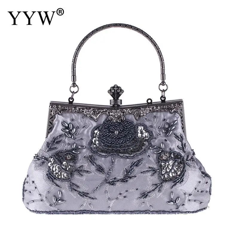 Шелковая элегантная дамская сумочка для вечеринок Pochette Femme вышитая Цветочная Верхняя ручка ручные сумки синий Свадебный Кошелек Сумки - Цвет: light grey