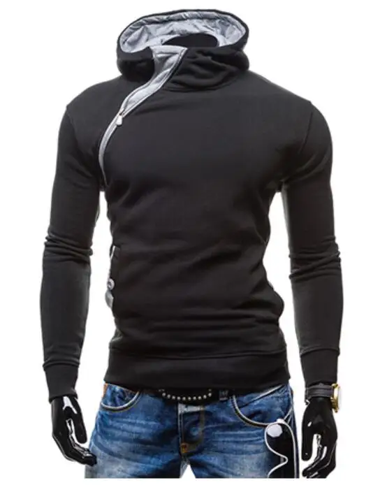 Black and Light Gray Брендовая мужская толстовка с косой молнией, одноцветные толстовки, мужской модный спортивный костюм, мужская толстовка с капюшоном, мужские тонкие толстовки с длинным рукавом - Цвет: Black and Light Gray