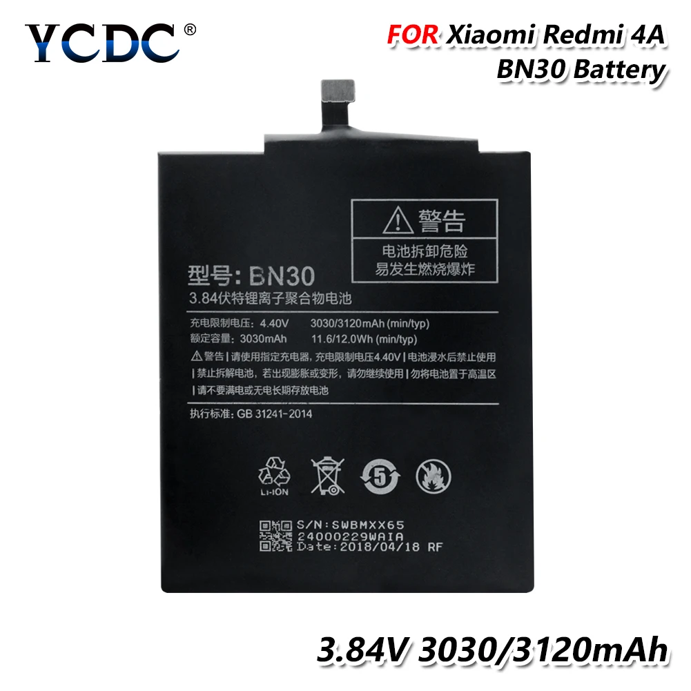 YCDC батарея для телефона большой емкости 3 84 в 3120 мАч BN30 Xiaomi Redmi 4A Замена bn30 литиевая