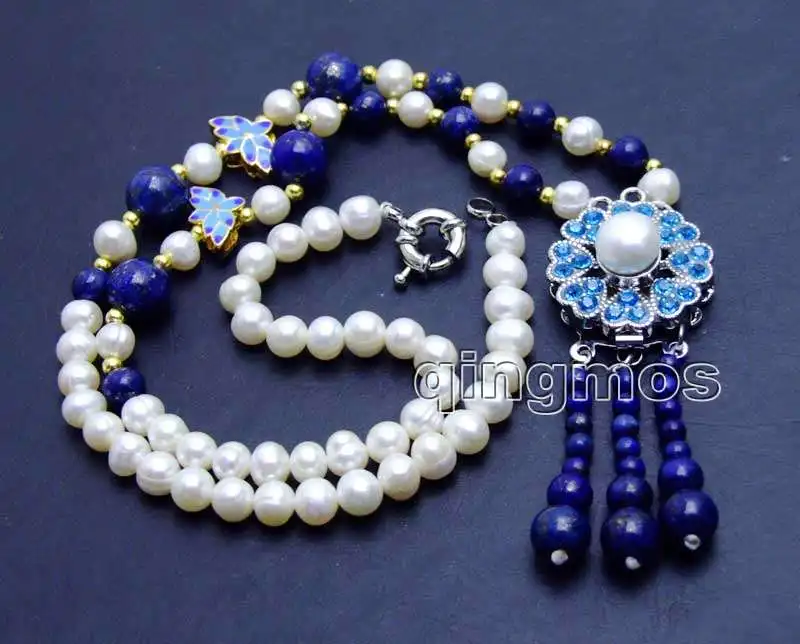 Продажа 6-7 мм белый круглый натуральный жемчуг и Синий Лазурит 25 синий кулон 20