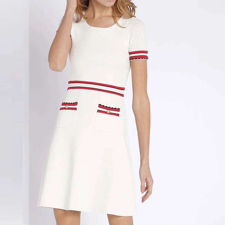 Вязаное летнее платье женское 2019 с круглым вырезом коротким рукавом А силуэта до