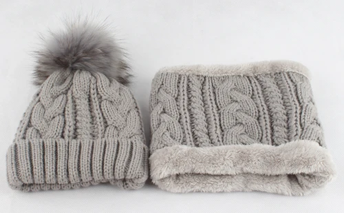 gray fur pom adult Зимняя шапка для мужчин, флисовая подкладка, вязаная шапка, шарф, набор, настоящая шапка с меховым помпоном, шапка, комплект из двух предметов - Цвет: gray fur pom adult