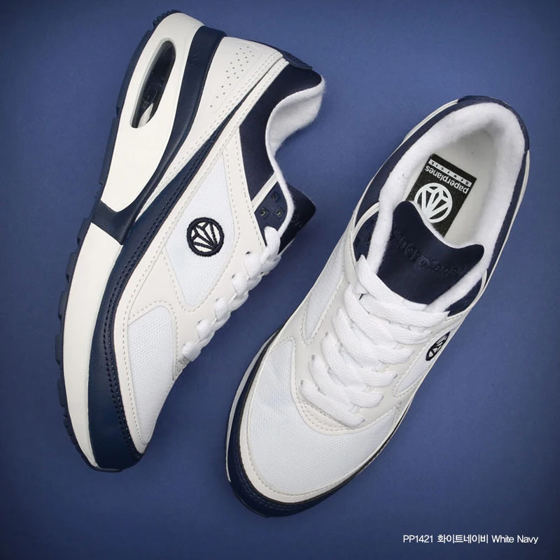 

PP1421 Premium Paperplanes Air Cap Leather Lace Up Training Shoes Trainers White Navy Sneakers