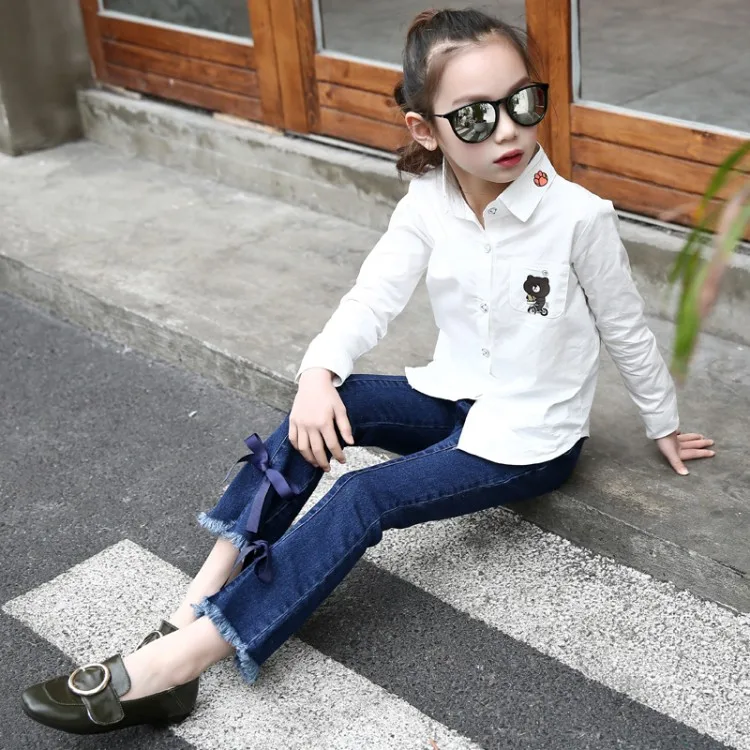 ACE LOVE/джинсы клеш для девочек подростков Модные Детские Широкие рваные джинсы с