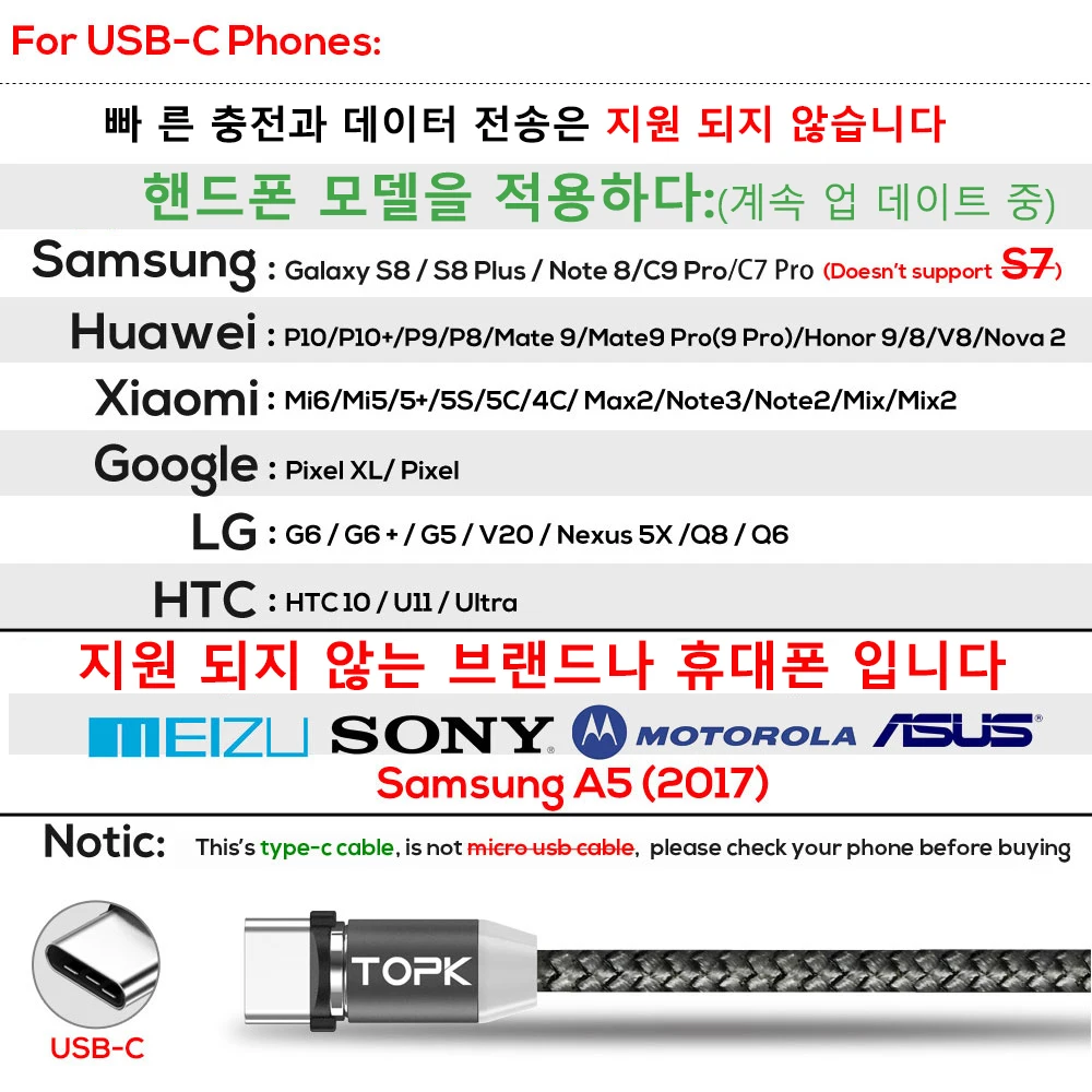 Магнитный кабель TOPK Micro usb type C для iPhone и type-C адаптер зарядного устройства