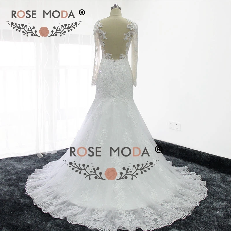 Роза Moda реальное изображение с длинным рукавом кружево Русалка свадебное платье Иллюзия Назад назначения Свадебные платья