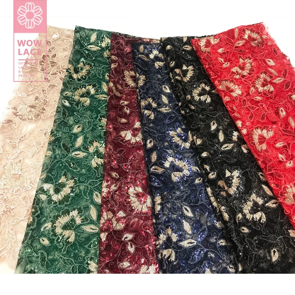 

20K9 Latest Fashion Flower Sequins Tulle Laces In Green Colour Sequined Mesh Net Fabrics For Dress African India Lace Material