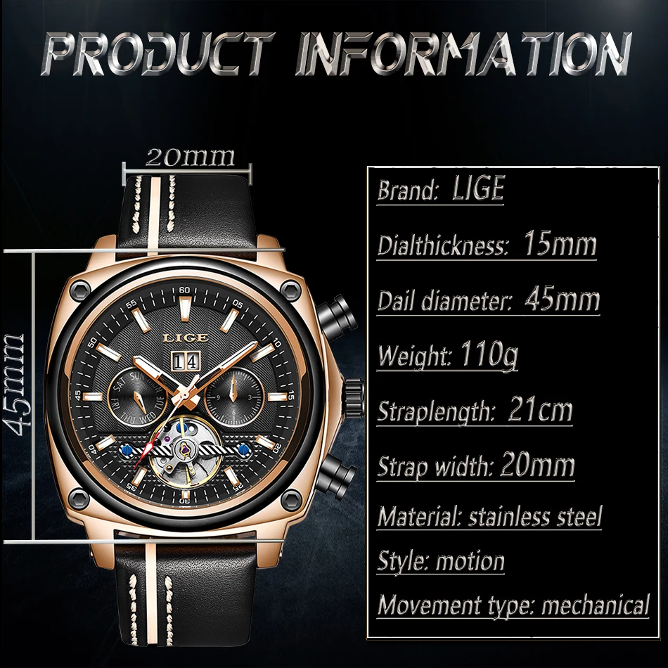 LIGE мужские часы Tourbillon модные роскошные спортивные механические часы Классические Мужские автоматические механические наручные часы Reloj Hombre