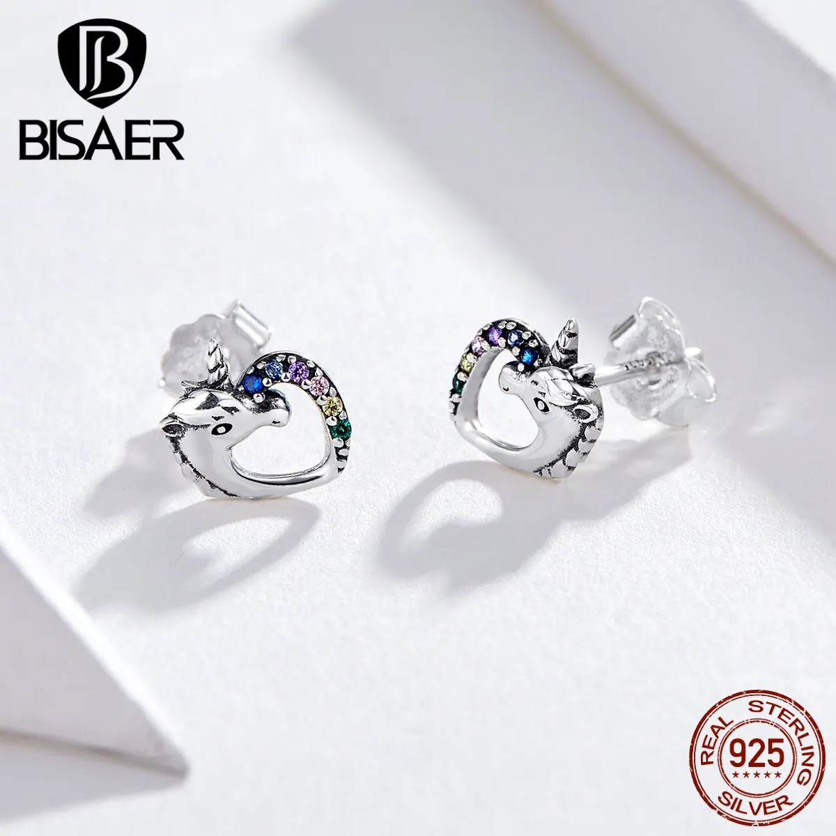 BISAER серьги в виде единорогов, модное 925 пробы серебро, Чистое Животное, единорог, маленькие женские серьги-гвоздики, Стерлинговое Серебро, ювелирное изделие ECE611