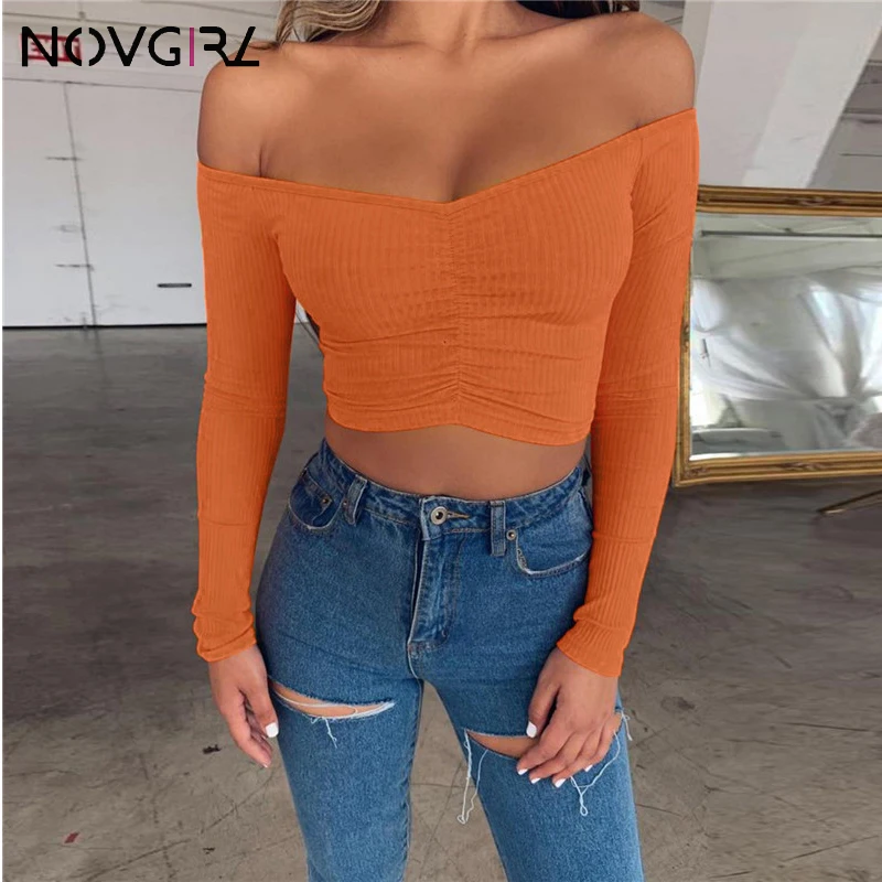 Novgirl элегантные Базовые Трикотажные футболки в рубчик с открытыми плечами для