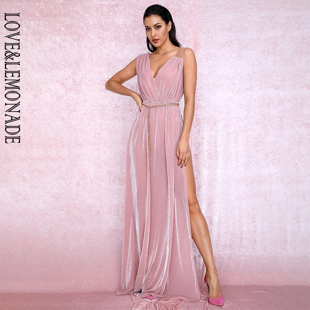 Женское платье макси LOVE &amp LEMONADE розовое с глубоким V-образным вырезом и разрезом