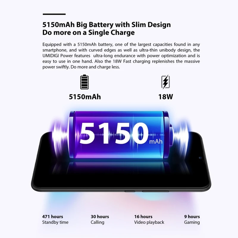 UMIDIGI Power смартфон с 6 3 дюймовым дисплеем ОЗУ 4 Гб ПЗУ 64 ГБ 5150 мАч 16 МП Android 9