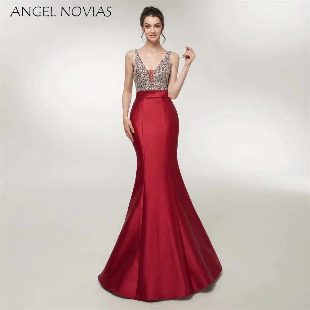 Angel Novias Long Mermaid Burgundy Satin V Neck Evening Dress Glitter Beads Backless Women Party Evening Gowns