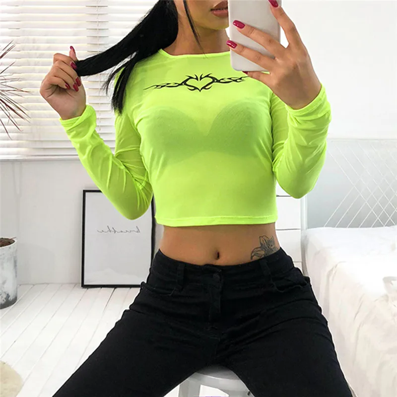 Для женщин футболка See Through Прозрачный Повседневное сетки женские Топы с длинным