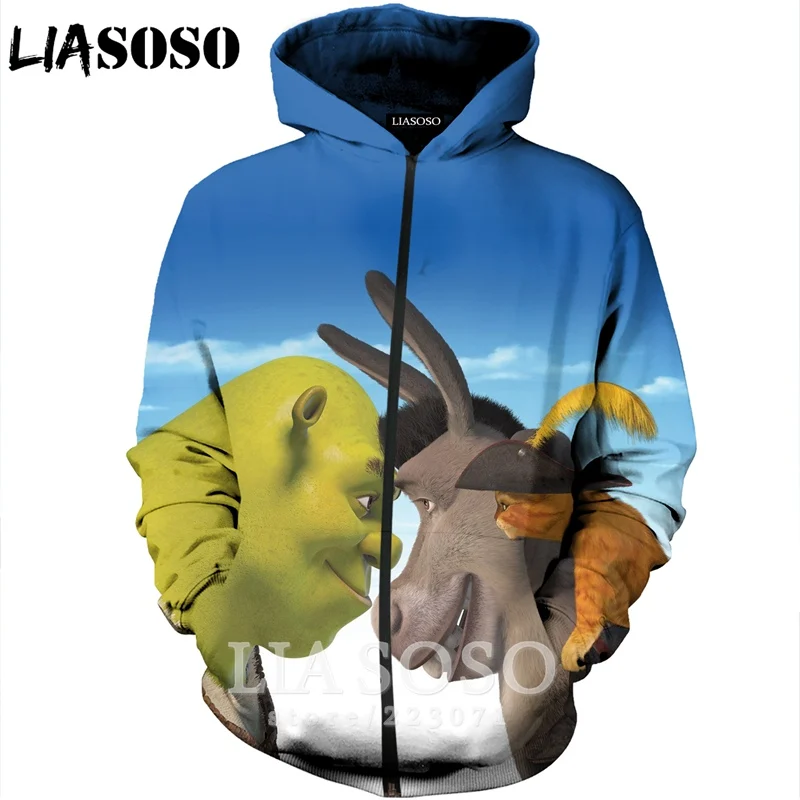 LIASOSO 2019 Новая мода Для мужчин женщин 3D принт аниме Шрек молнии с капюшоном унисекс