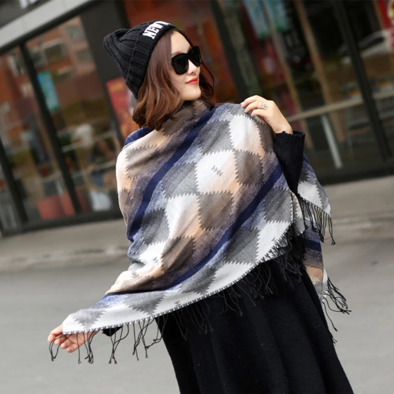 Новая зимняя женская модная шаль одеяло накидка теплая вязаная клетчатый шарф