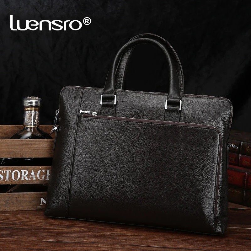 LUENSRO 100% натуральная кожа портфель s мужской 14 дюймов для ноутбука брендовая