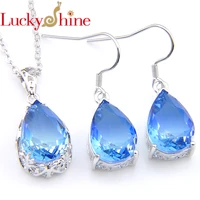 luckyshine 925 silver jewelry sets tourmaline crystal zirconia sky blue pendant necklace earring fashion jewelry for women