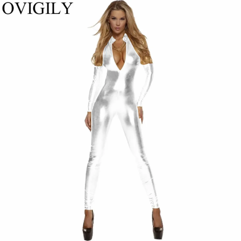 OVIGILY женский костюм для всего тела, черный, длинный рукав, комбинезон, женский, лайкра, красная молния спереди, металлик, комбинезон, водолазка, боди, костюм - Цвет: White