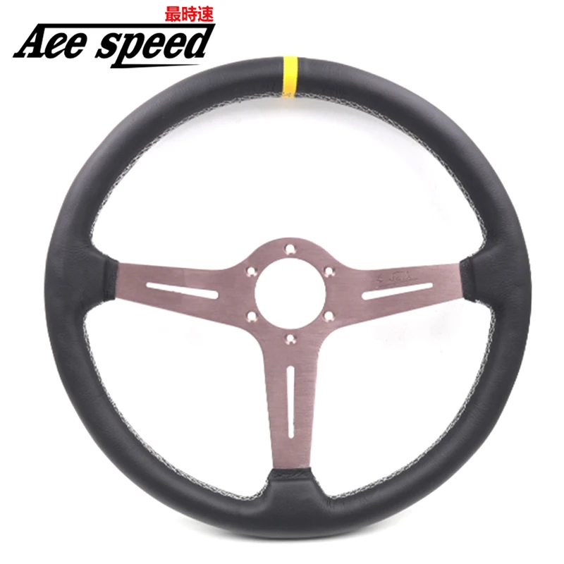 

15inch Steering wheel black leather and iron frame Red stitching racing game steering wheel with Horn button