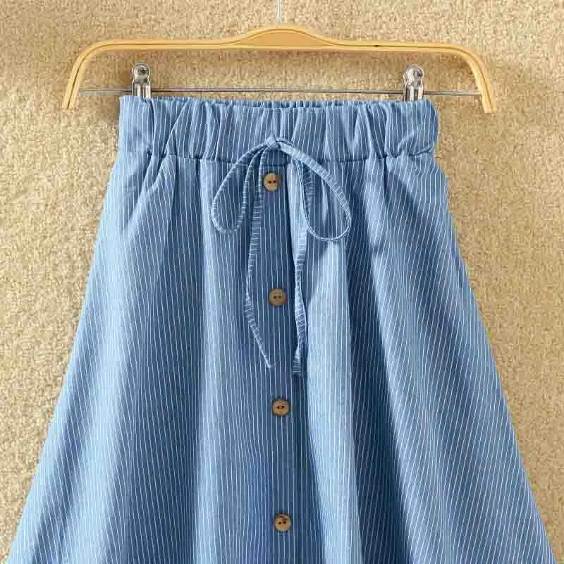 High Waist Retro Fashion Women Skirt Pleated Striped Midi Vintage Denim Single Breasted 2019 New Arrival | Женская одежда