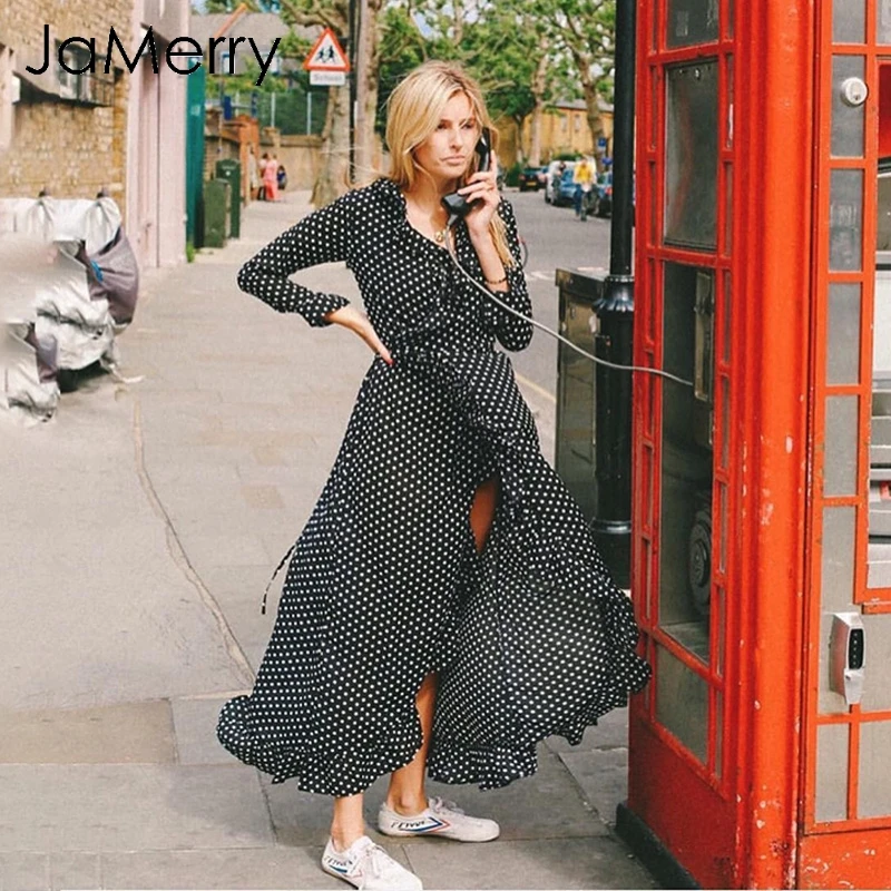 JaMerry винтажное черное в горошек бохо длинное платье женское повседневное с