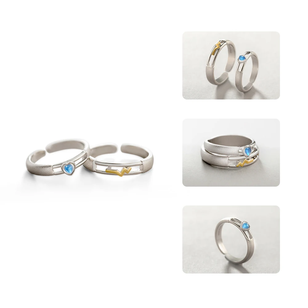Thaya Heartbeat Rings Real 925 Sterling Silver Natural Moonstone Couple rings for Women Men Resizable Wedding Jewelry Gifts