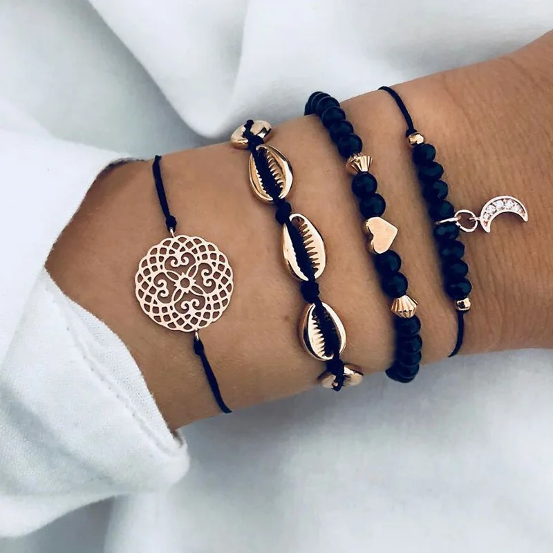 4 шт./компл. Женские многослойные браслеты с бусинами и подвеской в виде Луны