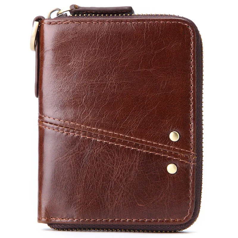 Meesii Genuine Leather Short Men Wallet Vintage Cow Leather Small Wallet Male Photo&Card holder Purse Coin pocket Zipper - Цвет: BROWN