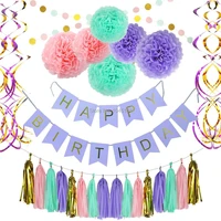 pink purple mint party decoration set tissue paper pom poms tassel garland happy birthday banner for kids birthday baby shower