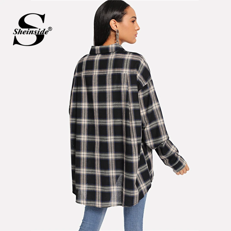 Sheinside, клетчатая длинная рубашка с закругленным подолом, женская черная блузка,, Женский Топ с длинным рукавом, асимметричный, Повседневный, Женские топы и блузки