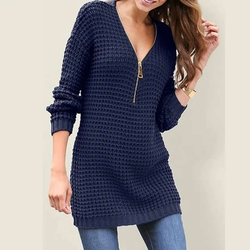 Autumn Women Sweaters 2018 V-neck Long-sleeved Tops Female Winter Knitted Jumpers Sexy Ladies Zipper Sweater Dress 2XL | Женская одежда