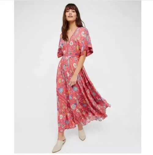 Летнее богемное женское повседневное пляжное платье с цветочным принтом