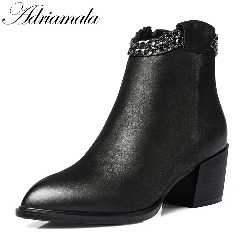 2017 Пояса из натуральной кожи толстый каблук острый носок Ботильоны для Для