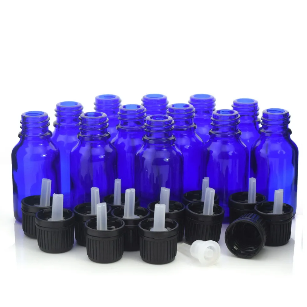 

12pcs 15ml Cobalt Blue Glass Euro Dropper Bottles With Orifice Reducer Tamper Evident Cap for Essential Oil Perfume Aromatherapy