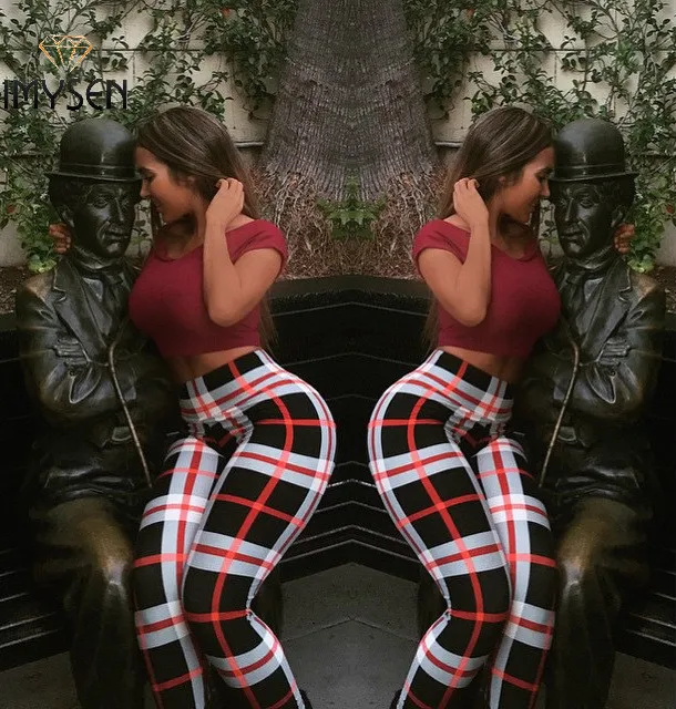 IMYSEN Лоскутные штаны эластичный пояс Высокая Талия плед брюки капри Для женщин