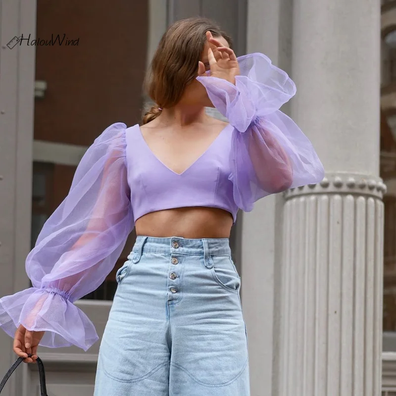 

Puff Sleeve Bandage Cropped Mesh Patchwork Blouse Summer Top Deep V Neck Sexy Vintage Shirt Blouse Blusas Mujer De Moda 2019