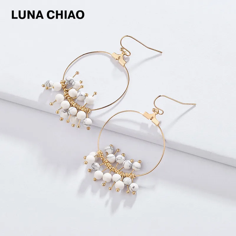 White LUNA CHIAO весна лето Модные необычные женские натуральный ювелирный камень Бусины Кластерные висячие серьги - Окраска металла: White