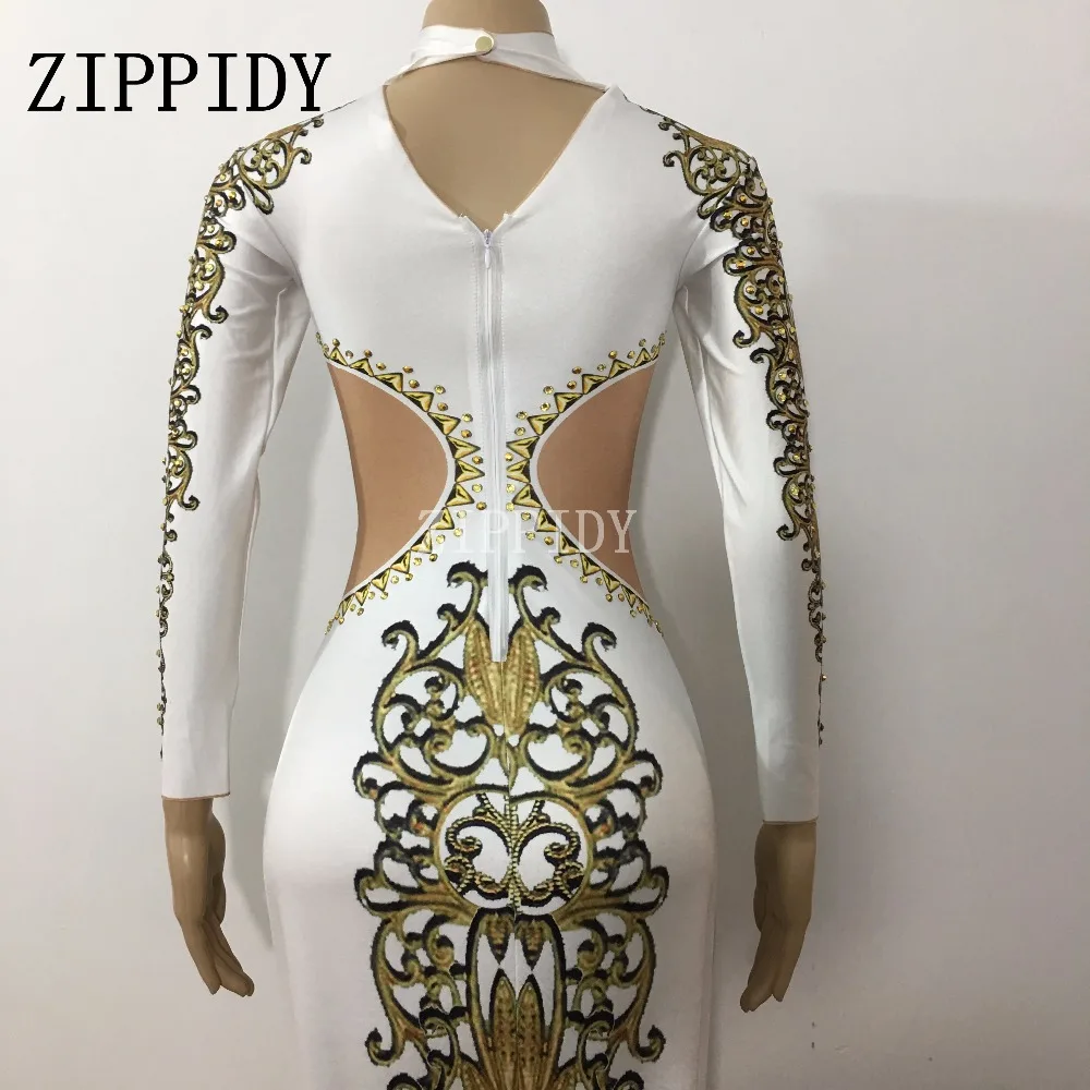 Китайский Cheongsam Стразы печатных сексуальные белое платье ночной клуб певица DS Пром праздновать Для женщин танец цельная одежда
