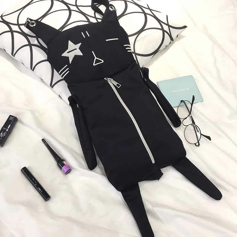 Black Wobag Женская мода Милая в форме кошки маленький рюкзак Холст Черная детская плечи легкая сумка - Цвет: Black