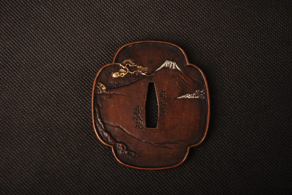 Тонкий меч установки резные воина и вулкан узор золото серебро Tsuba для японский