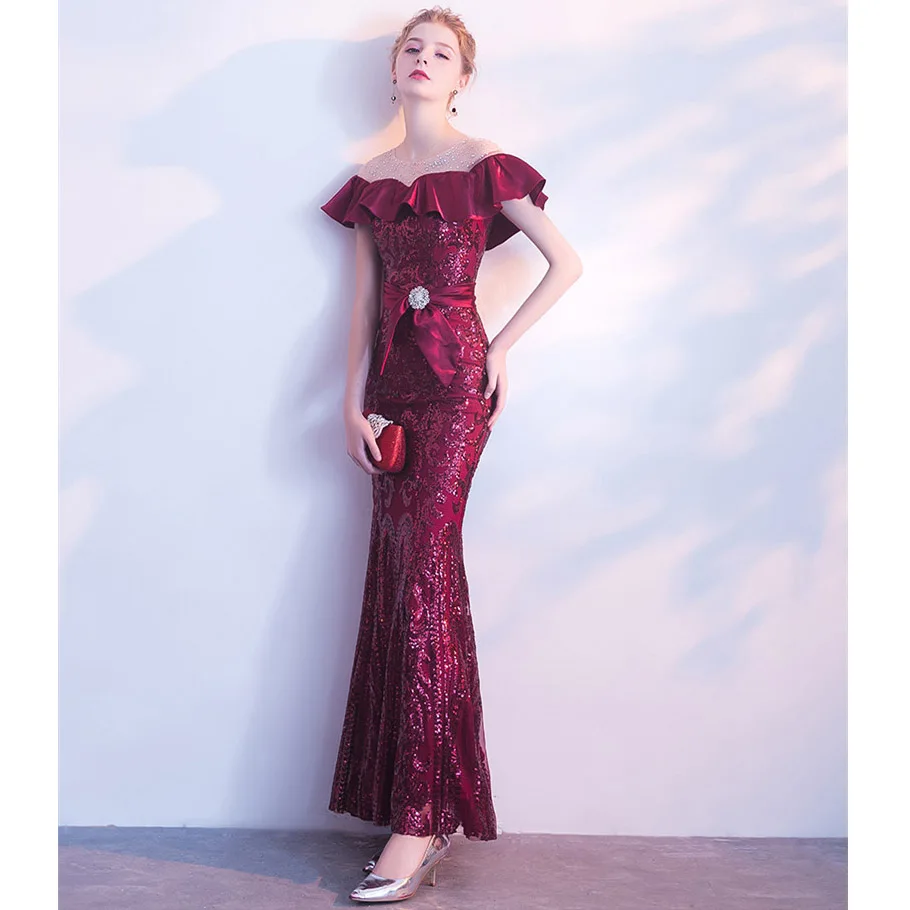 Ceewhy Бургундия оборками Выпускные платья Robe De Soiree блестками вечернее платье